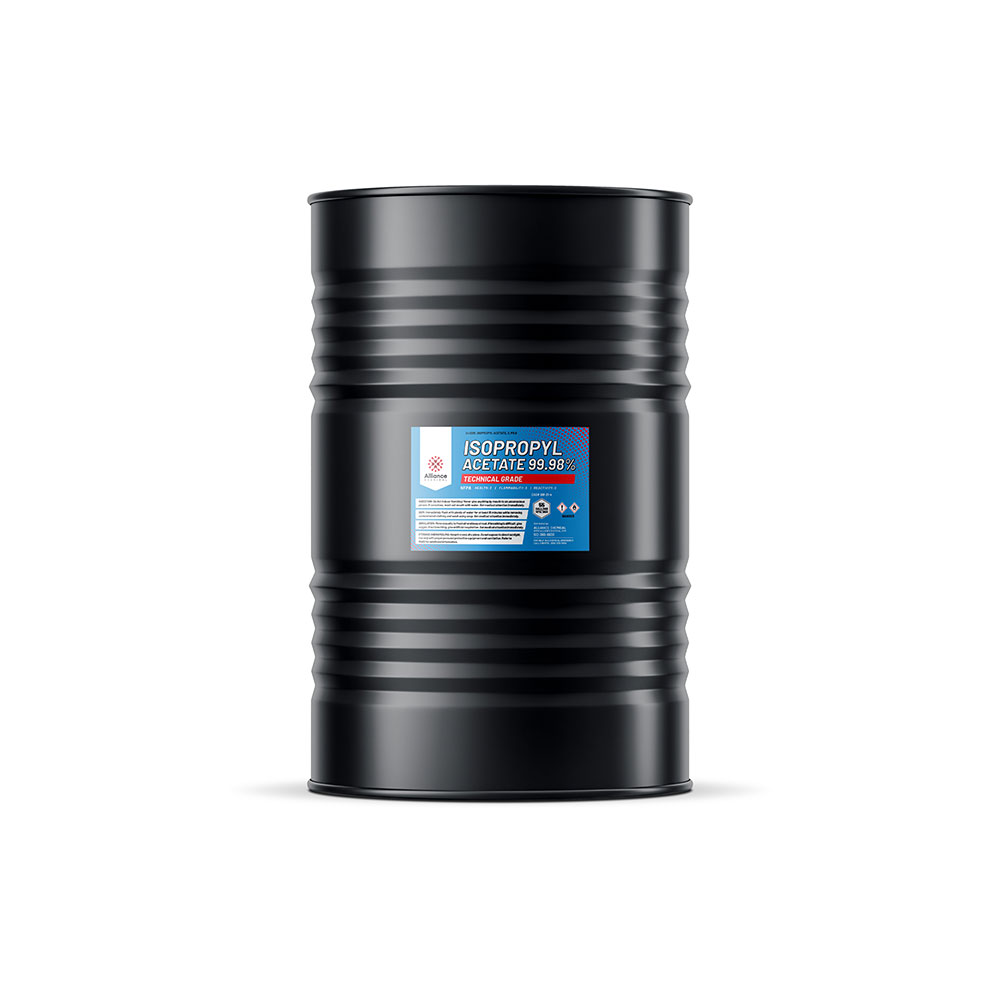 55-gallon black steel drum of technical-grade Isopropyl Acetate 99.98%, featuring hazard warning symbols and industrial chemical labeling.